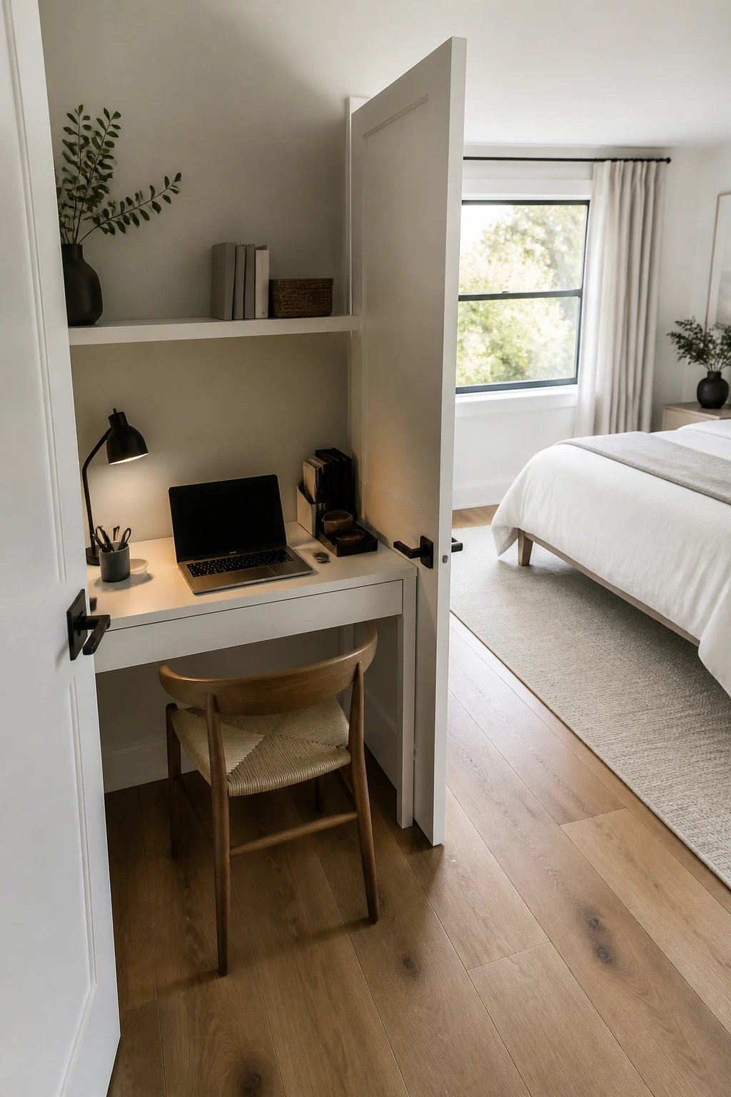 A realistic overhead angled photograph of a bedroom interior showing a slim white console desk tucked against the wall in the space behind an open bedroom door, featuring a laptop, small desk lamp, and organized office supplies on the narrow desk surface, with the bedroom door opened flush against the wall revealing the hidden workspace, natural lighting from a nearby window, modern minimalist bedroom decor visible in the background, hardwood flooring, demonstrating clever space-saving office solution in a small bedroom setting, high-quality interior design photography
