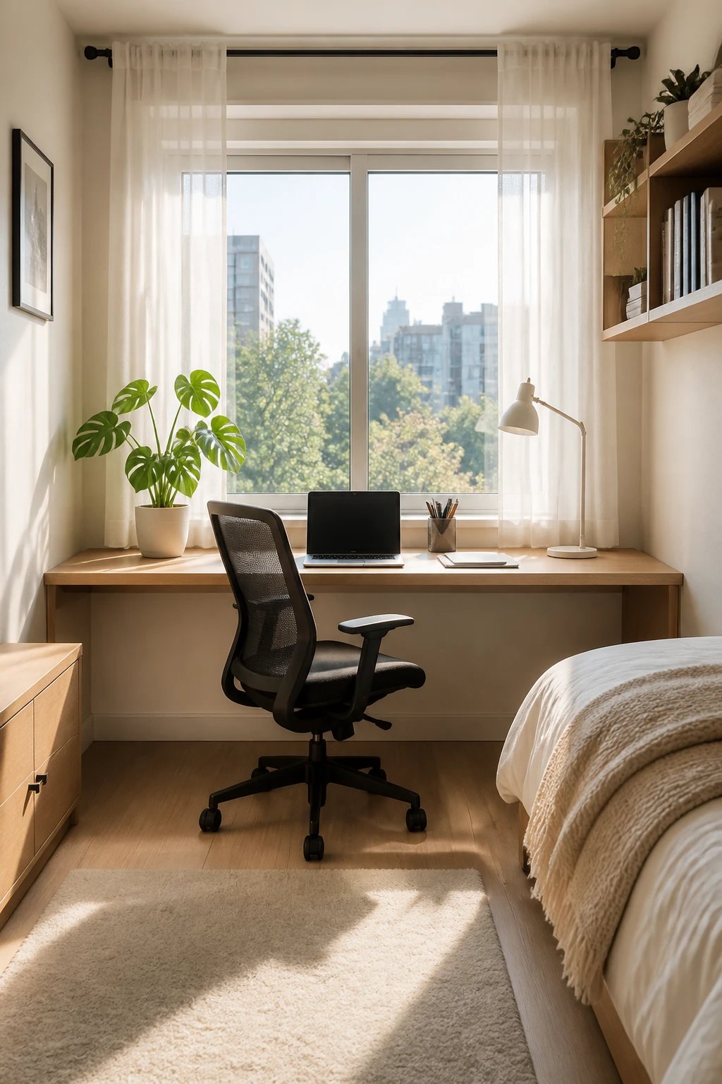 A bright and inviting small bedroom office setup featuring a sleek modern desk positioned directly in front of a large window with natural sunlight streaming in, the desk surface spans between two walls creating a custom built-in workspace, a comfortable ergonomic office chair, laptop and minimal office supplies on the desk, sheer white curtains gently filtering the sunlight, the window overlooks greenery or an urban view, warm natural lighting illuminating the compact workspace, contemporary bedroom elements visible in the background including a corner of a bed with neutral linens, potted plants on the windowsill, the space demonstrates how a small bedroom can successfully incorporate a functional home office area, professional interior photography style, bright and airy atmosphere, realistic home decor, high-resolution architectural photography