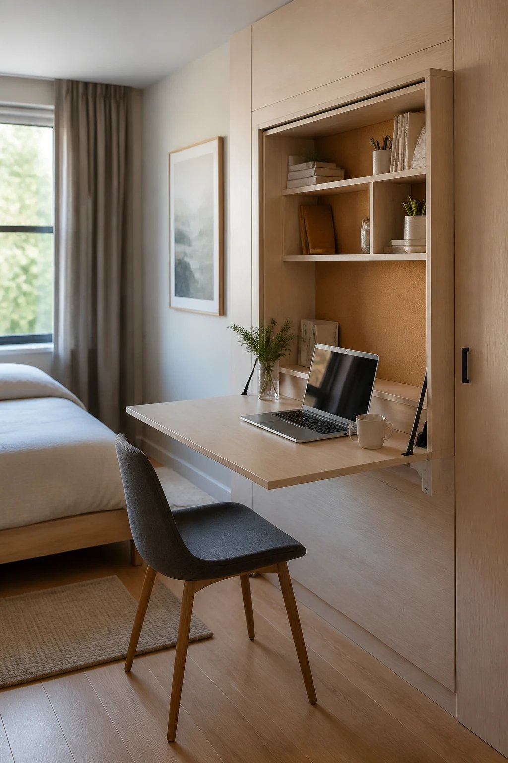 A modern Murphy desk folded down from a bedroom wall in its working position, featuring a sleek white or light wood fold-down desktop surface with built-in shelving compartments and cork board panels visible on the inside, laptop and coffee cup on the desk, minimalist bedroom visible in background with bed partially shown, warm natural lighting from nearby window, contemporary interior design, clean organized aesthetic, professional interior photography style, shallow depth of field, high-resolution architectural photograph