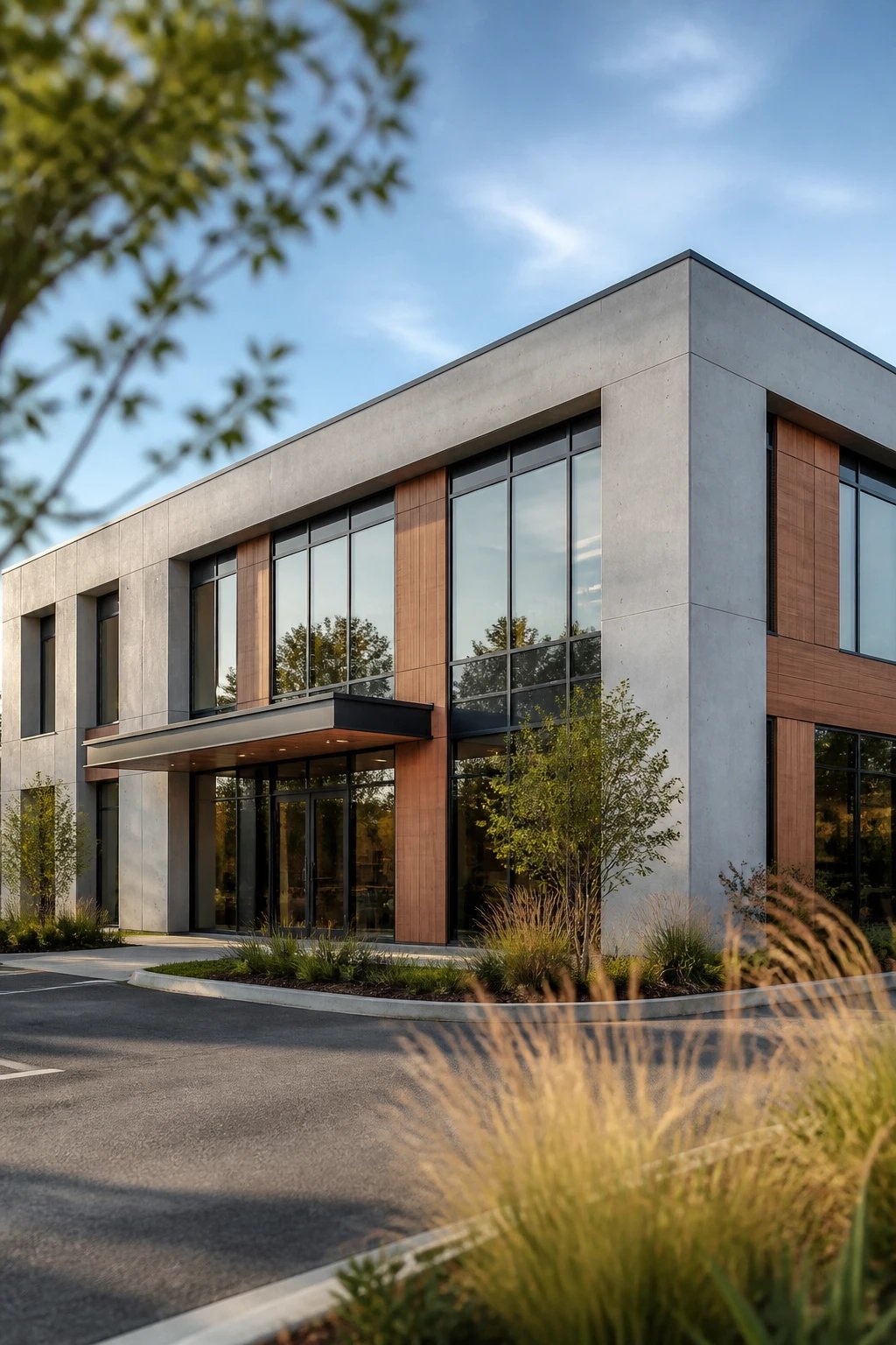 A stunning small modern office building exterior featuring a minimalist rectangular design with smooth light gray concrete panels complemented by warm natural cedar wood accents, floor-to-ceiling glass windows creating a rhythmic pattern across the facade, clean geometric lines, subtle architectural details, mixed material textures of concrete and wood creating visual warmth, contemporary commercial architecture, professional photography, bright natural daylight, shallow depth of field, architectural digest style, high-end real estate photography quality