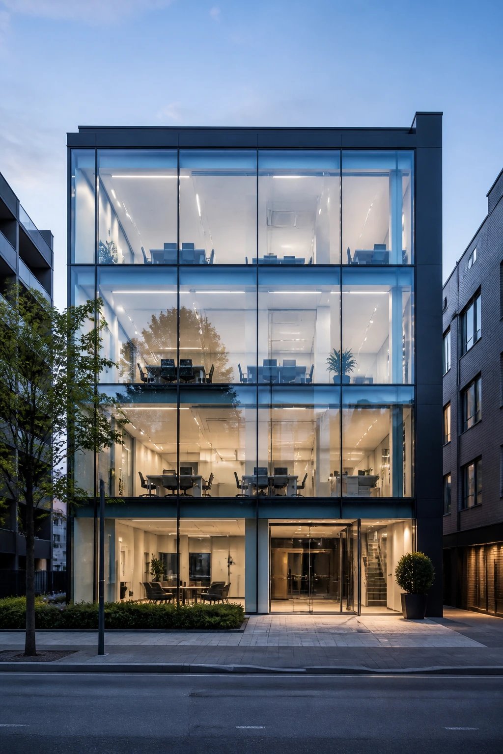 A stunning modern small office building with a complete floor-to-ceiling glass facade, showcasing a transparent front exterior where the interior workspace is fully visible from the street, featuring high-performance glazing panels in sleek aluminum frames, contemporary minimalist architecture, professional business interior visible through the glass walls with desks and modern furnishings, natural daylight flooding through the transparent structure, urban streetscape setting, architectural photography style, sharp details, professional real estate photo quality, bright and inviting atmosphere