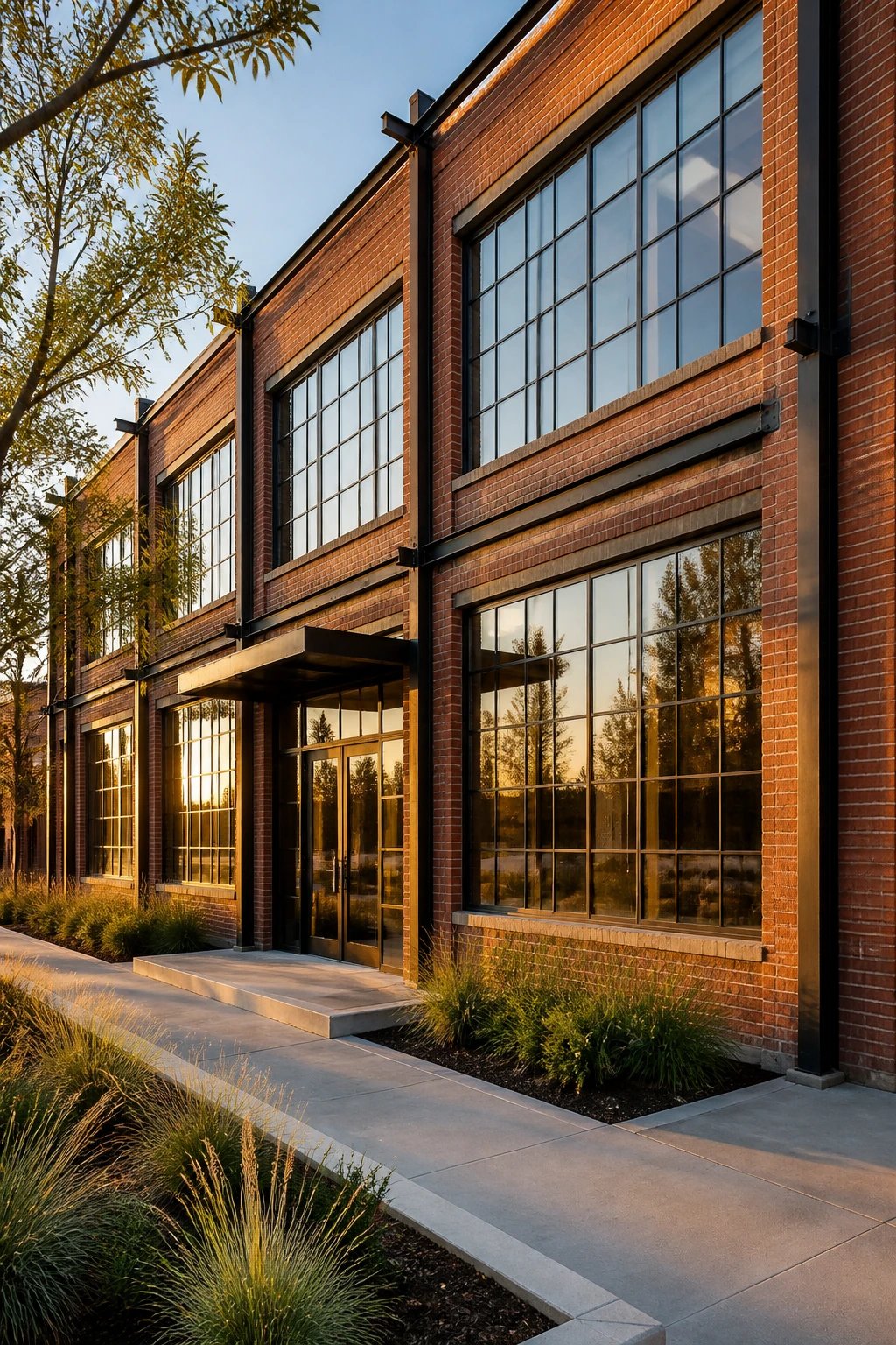 A stunning small industrial warehouse conversion office building exterior, featuring exposed red brick walls that have been cleaned and sealed showing natural patina, large oversized steel-framed factory windows spanning two stories, visible black steel beams and industrial structural elements, modern minimalist signage discreetly placed, well-maintained concrete entrance area with contemporary landscaping, warm natural lighting during golden hour highlighting the texture of the brick, professional architectural photography, ultra-realistic, high-resolution, showing the perfect balance between rugged industrial character and refined modern business aesthetic