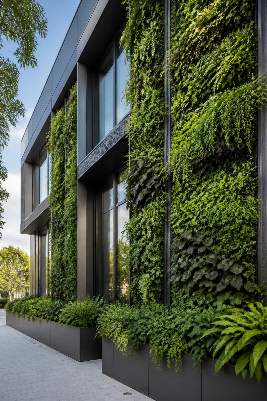A stunning modern small office building exterior featuring extensive vertical living walls covering large portions of the facade, with lush green plants, ferns, and foliage integrated into modular wall systems creating a biophilic design, deep architectural planter boxes at ground level overflowing with vegetation, sleek contemporary architecture with clean lines combined with organic greenery, professional architectural photography, natural daylight, ultra-realistic, high-quality detail, showing how nature is seamlessly integrated into the building envelope as a primary architectural feature