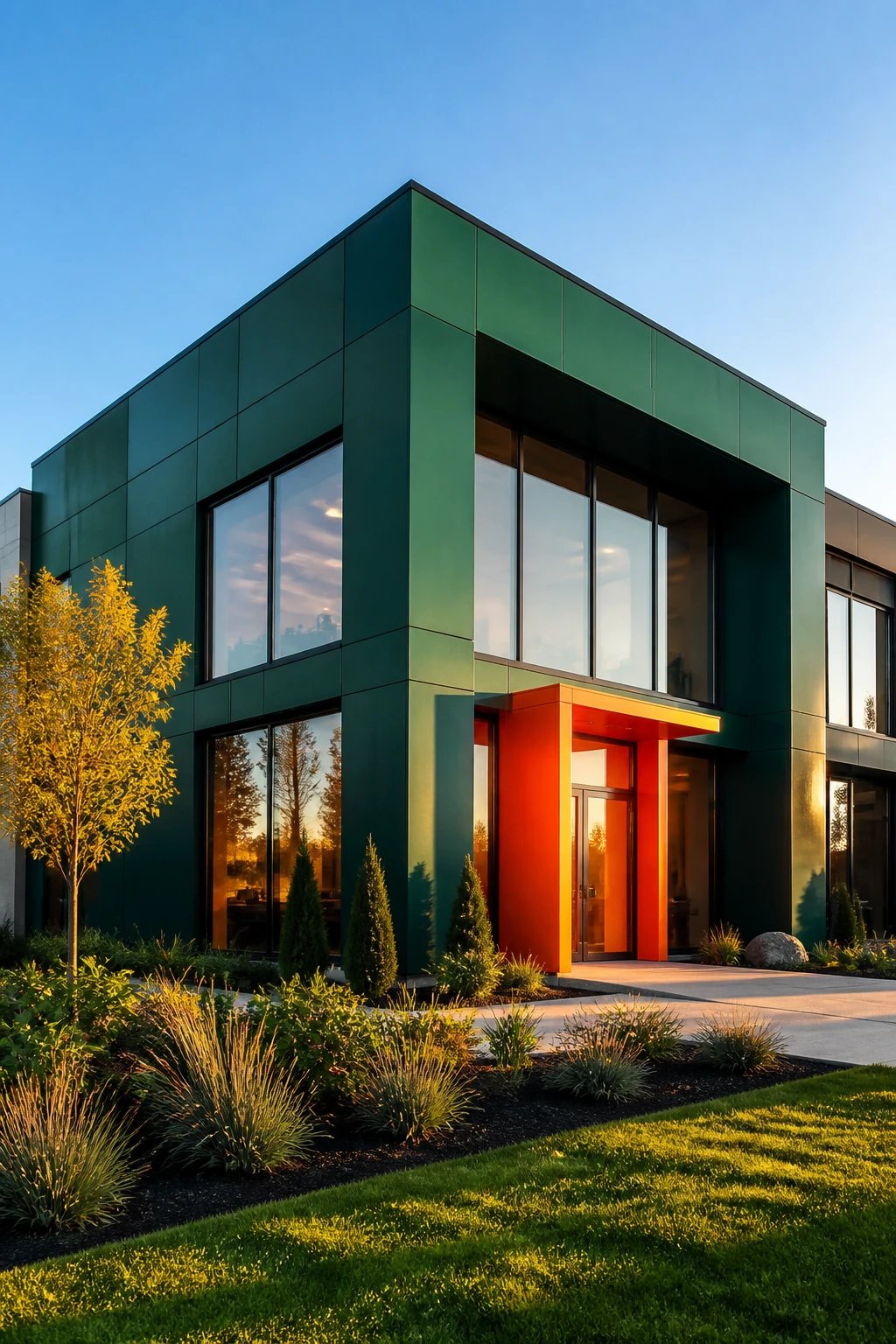 A stunning small modern office building exterior featuring bold, saturated deep blue or emerald green walls as the primary color, with clean geometric lines and minimalist architecture, one contrasting accent element like bright coral or yellow entrance doors, photographed during golden hour with dramatic lighting, professional architectural photography, ultra-sharp focus, contemporary commercial design, well-manicured landscaping in foreground, clear blue sky background, high-end real estate photography style, 8k quality