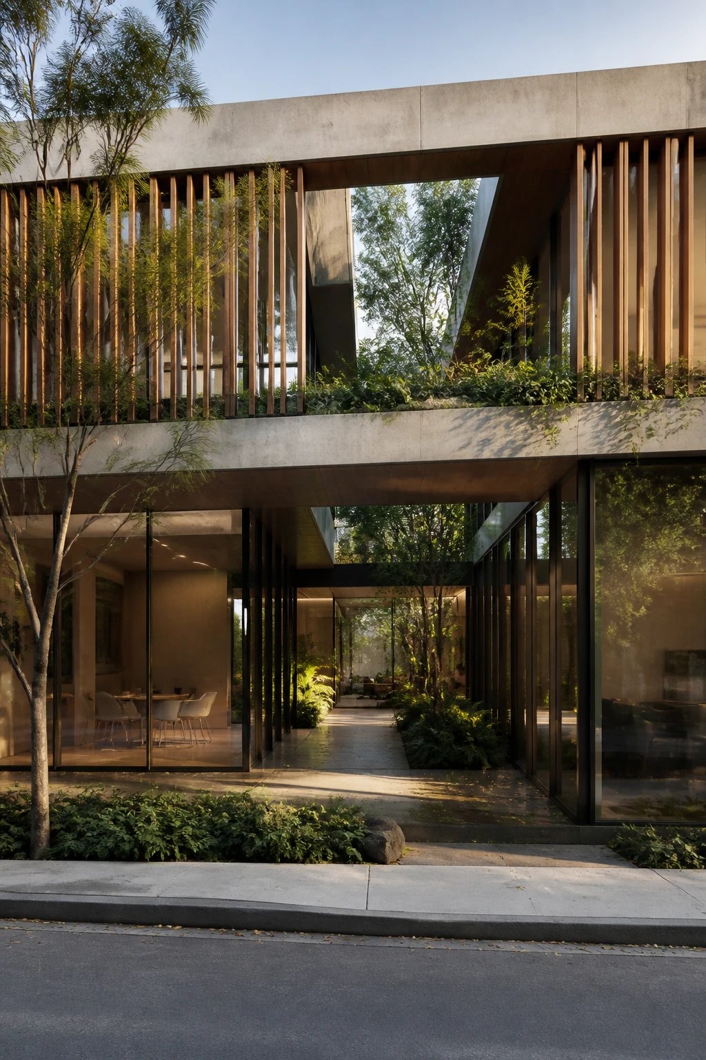 A stunning modern small office building with a courtyard-centered design, photographed from a street-level exterior angle that reveals glimpses into a lush central courtyard through transparent glass walls and strategic openings, the building wraps around the courtyard with clean contemporary architecture featuring natural materials like wood and concrete, abundant greenery visible within the semi-private courtyard space including trees and plants, the facade frames inviting views inward while maintaining an elegant sense of exclusivity, warm natural lighting, professional architectural photography, ultra-realistic, high-resolution