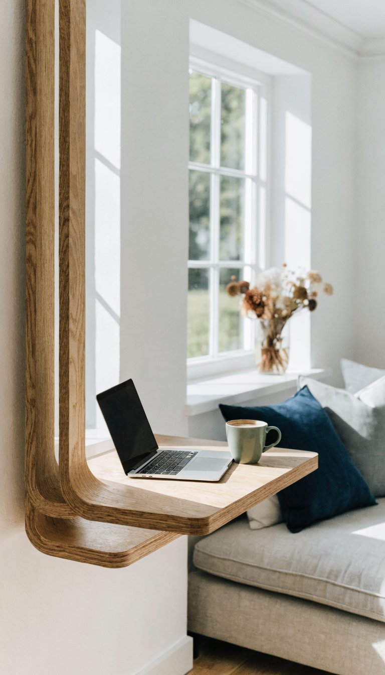 A modern minimalist living room featuring a sleek wall-mounted floating desk in light wood or white finish, approximately 15 inches deep, attached to a neutral-colored wall with a laptop and coffee mug on its surface, the desk appearing to hover without visible bulky supports, surrounded by cozy living room furniture including a comfortable sofa and decorative elements, bright natural lighting streaming through a window, the space feeling open and airy with the compact desk seamlessly blending into the room without dominating the floor space, styled in Scandinavian or contemporary interior design aesthetic, professional interior photography with shallow depth of field