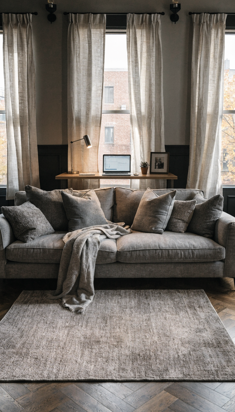 A modern living room interior showing a sleek console table positioned behind a contemporary sofa, styled as a functional workspace with an open laptop, wireless keyboard and mouse on its surface, warm task lighting from a minimalist desk lamp, small potted succulent and picture frame sharing the space, natural daylight streaming through nearby windows, the console table at standing desk height approximately 30 inches, neutral color palette with gray sofa and light wood or matte black console table, cozy living room elements visible including throw pillows and area rug, professional interior photography style with sharp focus and natural lighting