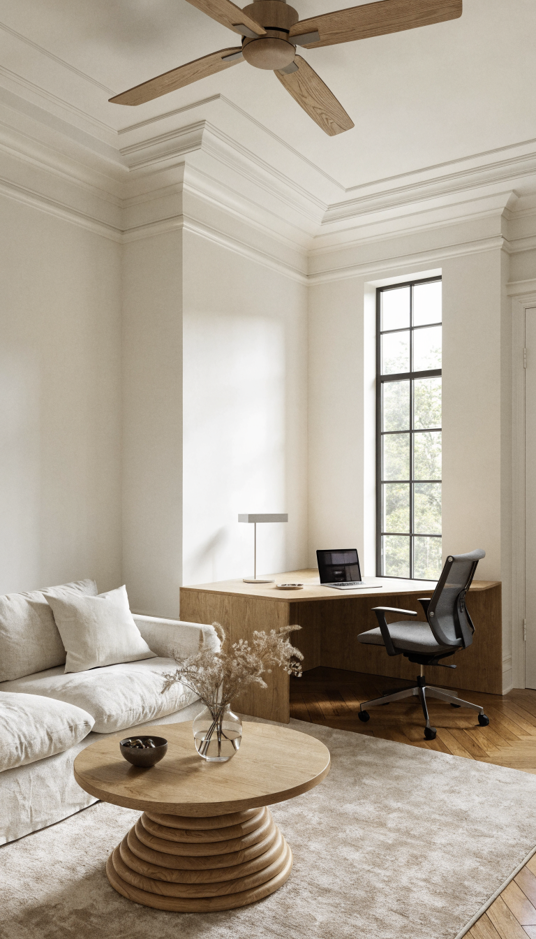 A bright, modern living room featuring an underutilized corner transformed into a sleek home office nook with a contemporary triangular or L-shaped corner desk in light wood or white finish, paired with an ergonomic office chair, a minimalist desk lamp, and a laptop setup, while the rest of the living room remains visible with a comfortable sofa and coffee table, showing how the corner workspace seamlessly integrates without disrupting the living area flow, natural daylight streaming through nearby windows, clean Scandinavian-inspired interior design, professional interior photography style, 8k quality