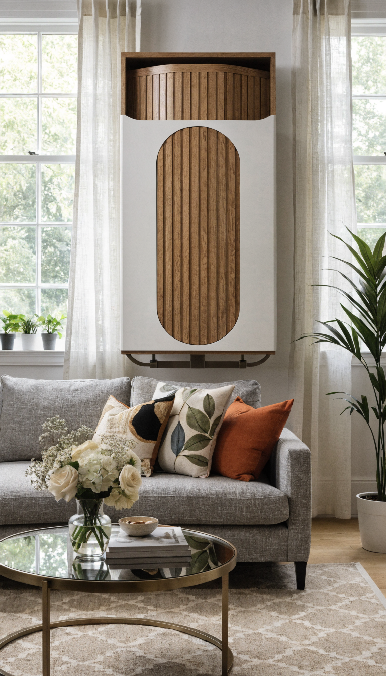 A modern, elegant Murphy desk mounted on a living room wall in its folded-up position, resembling a sleek minimalist wall cabinet or contemporary art piece with clean lines and a sophisticated finish in warm wood tones or matte white, situated in a bright, stylish small living room with a comfortable sofa, decorative pillows, and tasteful decor, natural lighting streaming through windows, showing how seamlessly the closed desk integrates into the living space as an attractive design element rather than obvious office furniture, interior design photography style with professional composition and depth of field