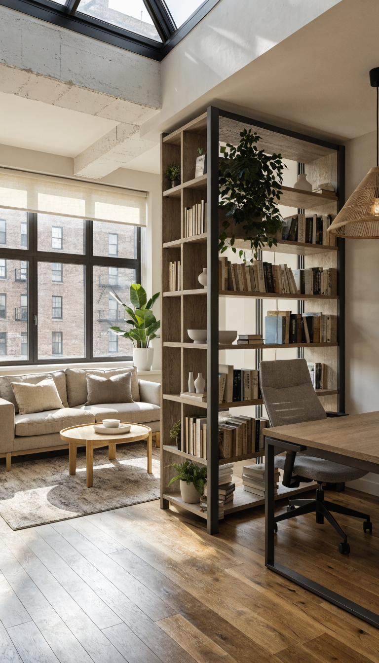A modern living room and home office combination separated by a sleek, tall open bookshelf room divider positioned perpendicular to the wall, the bookshelf is at least 5 feet tall with open shelving on both sides allowing visibility through it, on one side is a cozy living room area with a sofa and coffee table, on the other side is a functional home office with a desk and chair, the bookshelf is styled with books, plants, and decorative objects, natural light fills both zones, contemporary minimalist interior design, the open shelving creates a gentle division between the two spaces without blocking light or making either area feel cramped, realistic architectural photography, wide angle shot showing both zones clearly separated yet connected