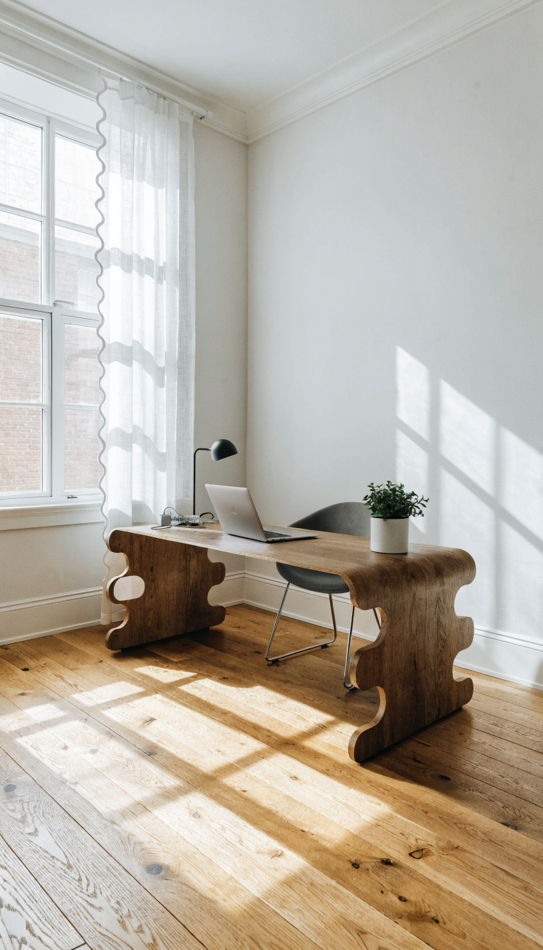 A bright, airy small home office with a modern wooden desk floating in the center of the room perpendicular to the wall, not pushed against it, creating visible floor space all around. The desk features a minimalist laptop setup and a small plant. Natural light streams through a nearby window, emphasizing the open flow and breathing room around the furniture. The room has light-colored walls, hardwood flooring clearly visible around the desk, and minimal decorative elements to showcase how the floating desk placement makes the compact space feel larger and more spacious. Shot from a corner angle to capture the full room layout and the intentional spacing around the desk.
