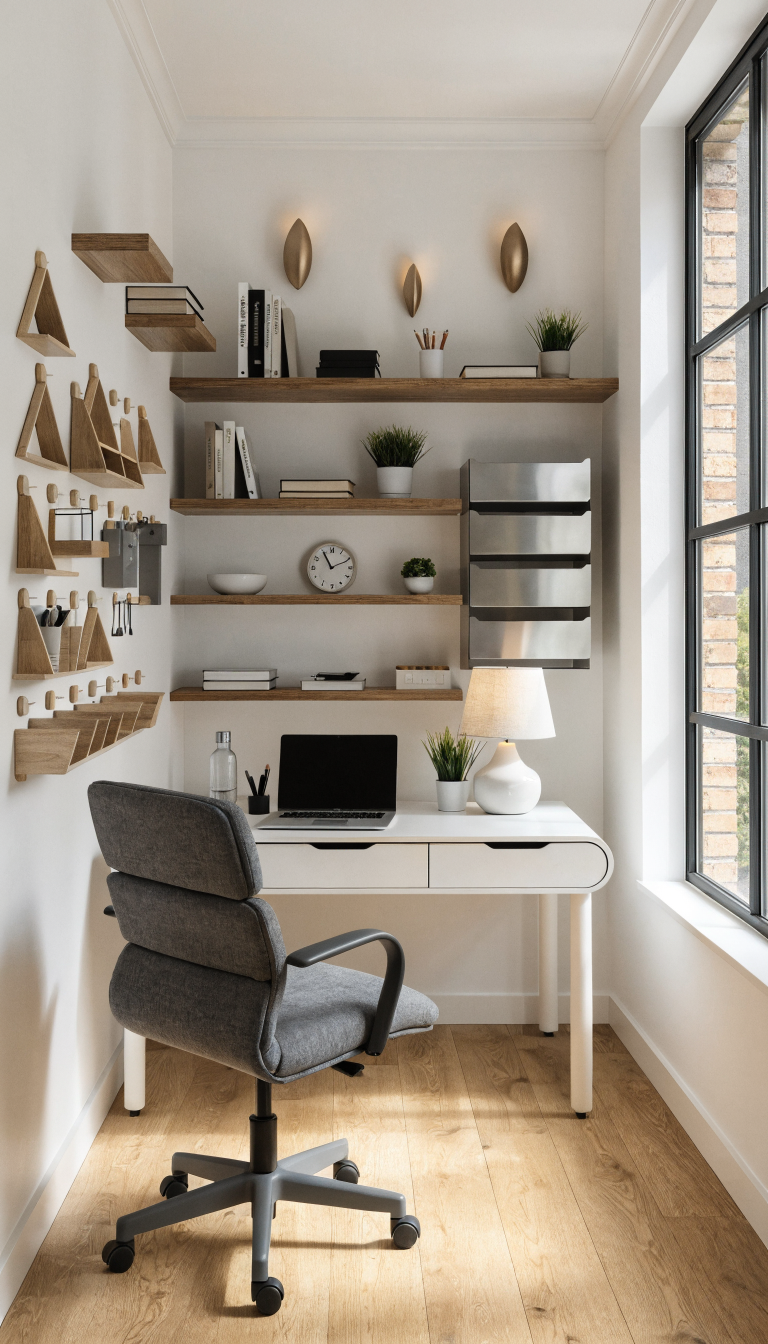 A modern small home office with extensive vertical wall organization, featuring multiple floating wooden shelves at varying heights mounted above a compact white desk, a geometric pegboard system with hanging office accessories and tools, sleek wall-mounted file organizers, and contemporary wall sconces providing ambient lighting, all creating a space-efficient workspace that maximizes wall space while keeping the floor area open and uncluttered, shot in bright natural light with a clean Scandinavian aesthetic