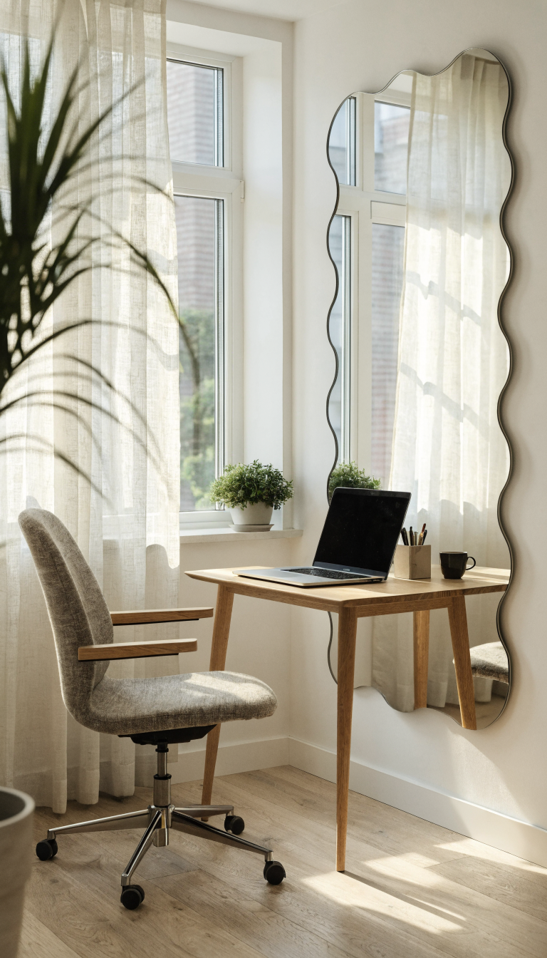 A bright, compact home office workspace featuring a large decorative mirror strategically positioned on the wall opposite a window, reflecting natural sunlight and creating an illusion of doubled space. The scene shows a small desk setup with a laptop and minimal decor, with the mirror placement deliberately to the side rather than directly behind the desk chair. Warm natural light bounces throughout the cozy room, highlighting how the mirror expands the visual perception of the limited square footage. Modern minimalist aesthetic with white walls, light wood furniture, and a few green plants, photographed from an angle that captures both the actual window and its reflection in the mirror to demonstrate the space-enhancing effect.
