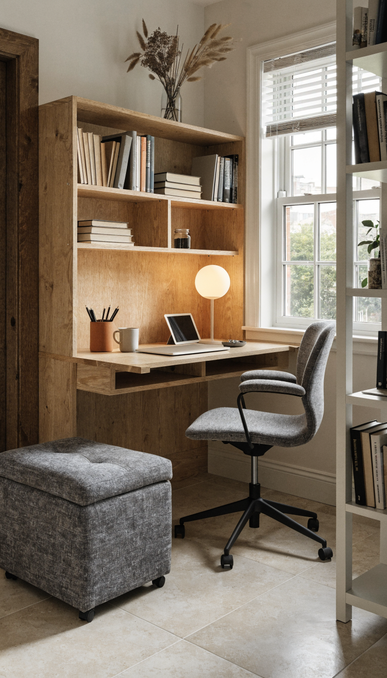 A bright, modern small home office featuring multifunctional furniture including a wall-mounted Murphy desk in light wood that folds down with built-in shelving, a stylish storage ottoman in gray fabric that doubles as seating, and a tall white bookshelf acting as a room divider, with natural light streaming through a window, minimalist décor, and organized office supplies, photographed in a realistic interior design style with professional lighting and composition