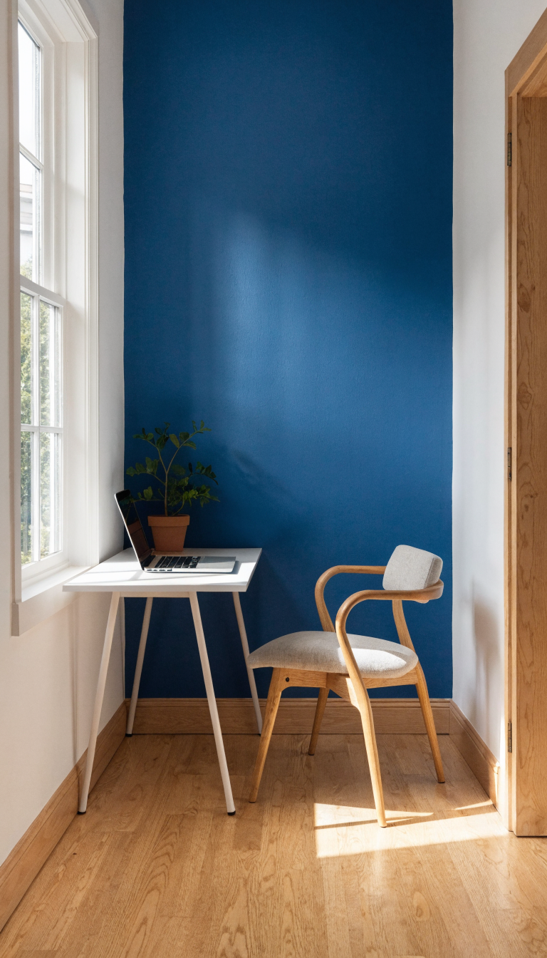 A bright, airy small home office with a stunning deep navy blue accent wall on the far wall opposite the entrance, featuring a minimalist white desk positioned against the dark accent wall, a comfortable modern desk chair, a laptop and small potted plant on the desk, natural light streaming in from a side window creating beautiful contrast with the rich blue wall, the other three walls painted in crisp white, light hardwood flooring, demonstrating how the dark accent wall creates depth and draws the eye forward making the compact workspace feel larger and more dimensional, professional interior photography style with sharp focus and natural lighting