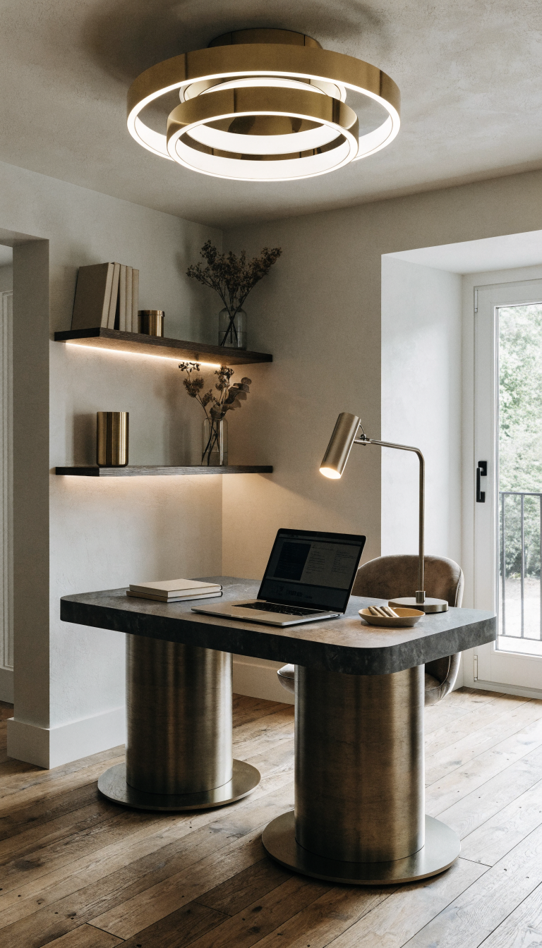 A modern small home office with layered lighting showcasing three distinct light sources: a contemporary flush-mount ceiling fixture providing overhead illumination, a sleek adjustable desk lamp with warm light focused on a compact workspace with laptop and notebooks, and soft ambient LED strip lighting along floating shelves in the corner. The room features a streamlined desk against a light-colored wall, creating depth through the interplay of warm and cool lighting at different heights. Shot from a corner angle to capture all lighting layers simultaneously, professional interior photography style, bright and airy atmosphere, afternoon setting with subtle natural light complementing the artificial lighting layers.