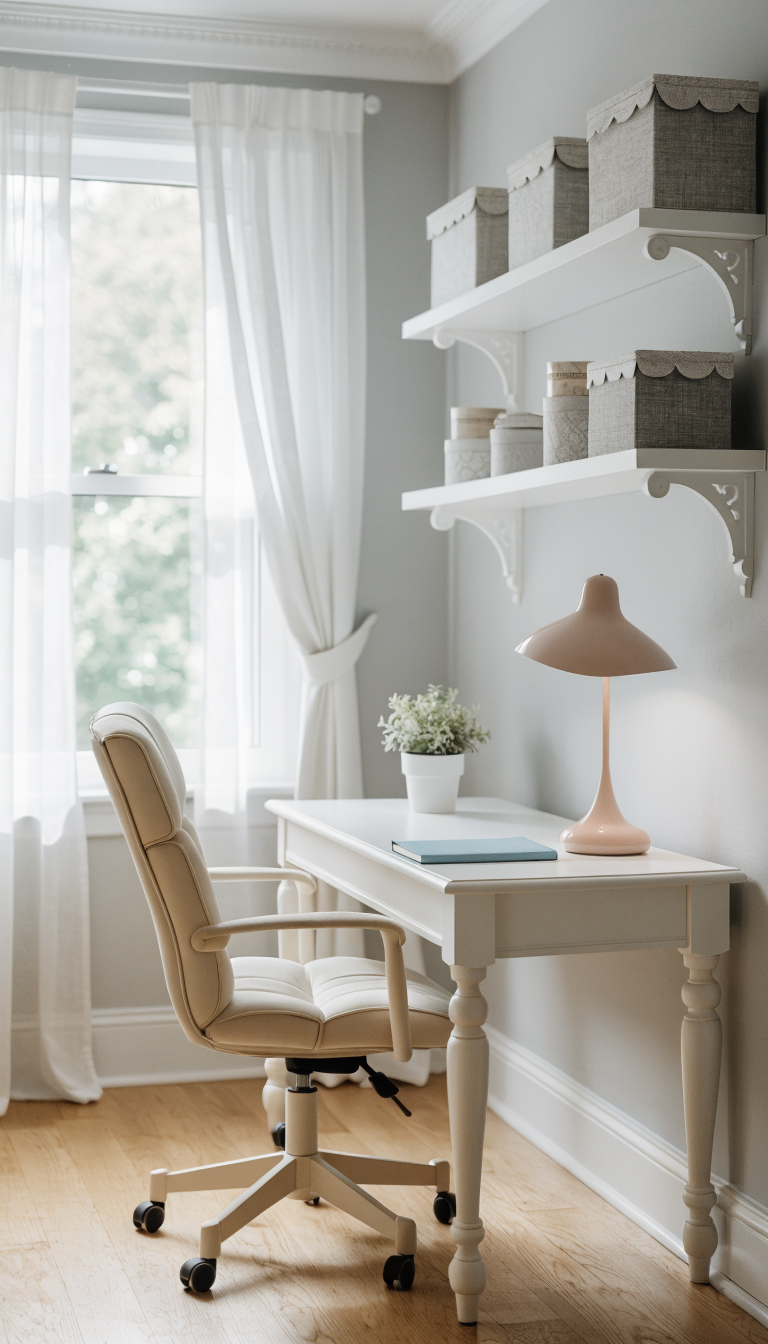 A bright, airy home office in a small room featuring a cohesive light color palette of whites, creams, and soft grays with carefully coordinated accessories, including a white desk against a light gray wall, a cream-colored ergonomic chair, white floating shelves with matching white and gray storage boxes, a small potted plant with pale green leaves, and subtle pastel accent pieces like a blush pink desk lamp and light blue notebook, natural daylight streaming through a window creating a spacious and harmonious atmosphere, professional interior photography style, shallow depth of field