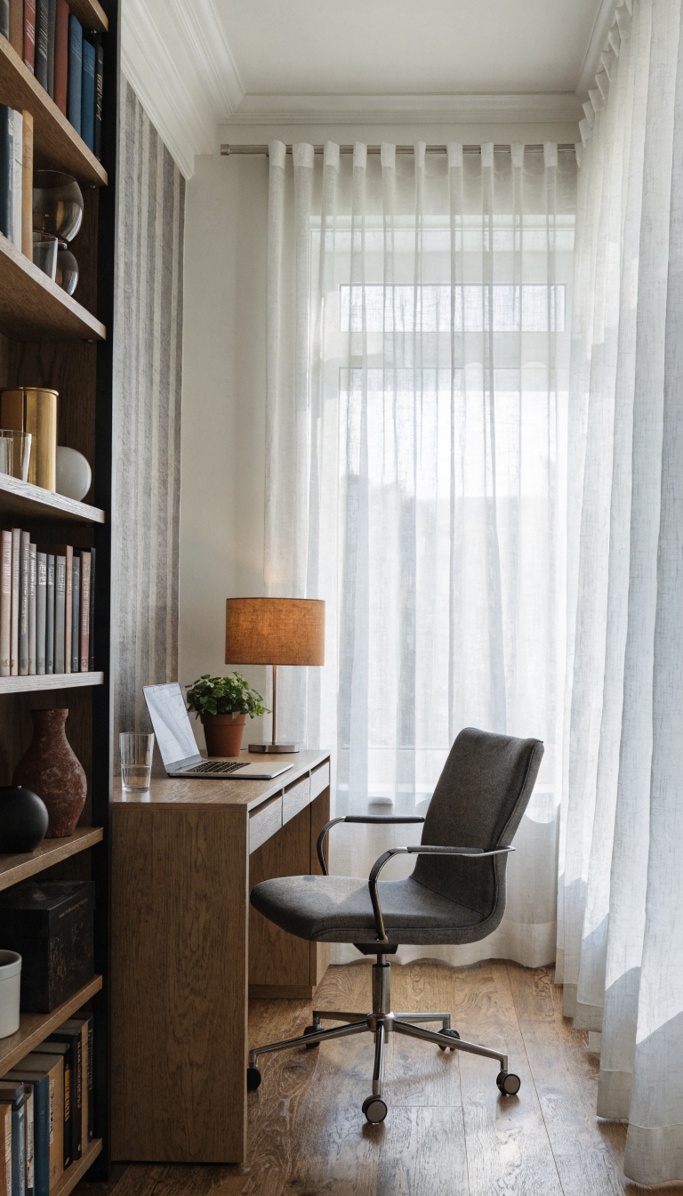 A bright, contemporary small home office with a tall ceiling illusion created by floor-to-ceiling sheer white curtain panels hung from a rod mounted just below the ceiling line, a slim vertical bookcase stretching from floor to ceiling filled with books and decorative objects, and subtle vertical striped accent wallpaper in soft gray tones behind a compact modern desk with a laptop and ergonomic chair, natural light streaming through a standard-sized window, warm wood flooring, professional interior photography style with sharp focus and bright, airy atmosphere