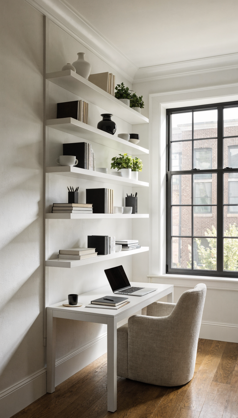 A bright, modern small home office with floor-to-ceiling white floating shelves mounted on a light-colored wall, displaying an organized mix of books, decorative objects, small potted plants, and stylish office supplies. A compact white desk sits below with a laptop and minimal accessories, the chair pushed in neatly. The vertical shelving system creates dramatic height emphasis, with varying shelf lengths creating visual interest. Natural light streams in from the side, creating soft shadows on the wall-mounted storage. The space appears uncluttered and sophisticated, with the vertical storage solution clearly maximizing the limited floor space in this compact, beautifully designed workspace.