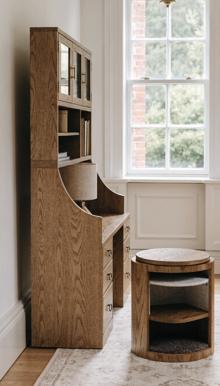 A bright, airy small home office featuring a elegant wooden secretary desk that folds up against a white wall, with built-in shelving and drawers visible when open, a stylish storage ottoman with a removable top revealing hidden compartments positioned nearby, soft natural light streaming through a window, minimalist decor, light wood tones and white color scheme, the furniture pieces clearly serving multiple purposes in the compact space, photographed from a corner angle to show the efficient use of limited square footage, professional interior design photography style, sharp focus, high resolution