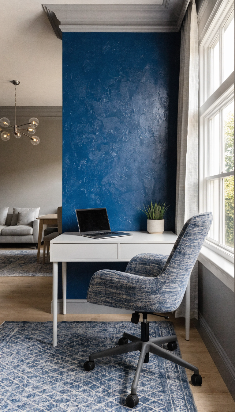 A modern small home office space showcasing strategic color blocking with a bold navy blue accent wall behind a sleek white desk, contrasting against soft gray walls in the adjacent living area, a geometric patterned area rug in coordinating blues and whites defining the office footprint on light hardwood floors, minimal desk setup with a laptop and small plant, natural light from a nearby window, clean contemporary aesthetic demonstrating how color creates visual separation between work and living zones in a compact space, professional interior photography style, sharp focus, well-lit