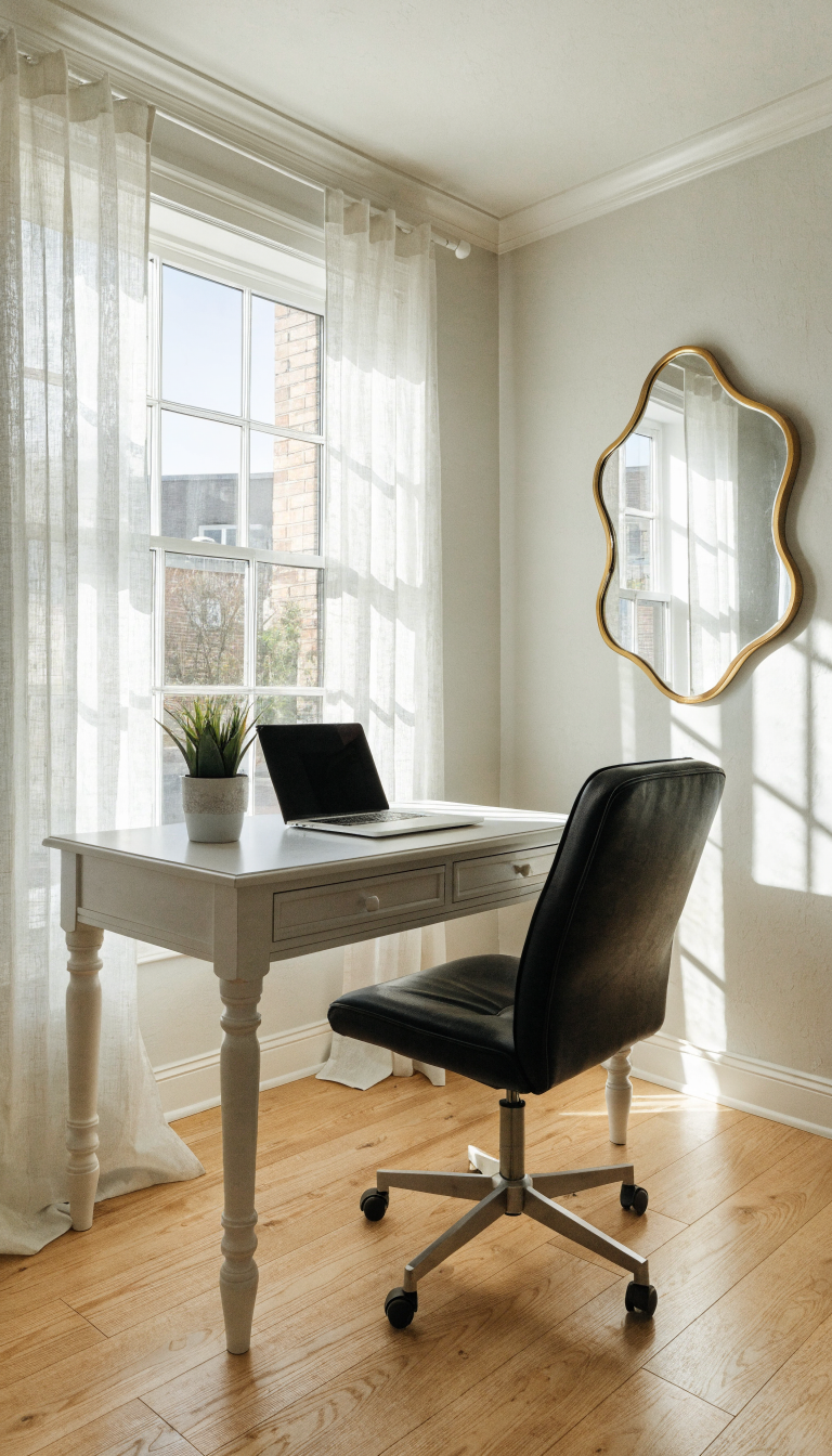 A bright, airy small home office with a white desk positioned perpendicular to a large window with sheer white curtains filtering natural sunlight, a large decorative mirror with a gold frame mounted on the wall opposite the window reflecting the light throughout the space, minimal desk setup with a laptop and small potted plant, light hardwood floors, and pale neutral walls creating an open and spacious feeling in a compact room