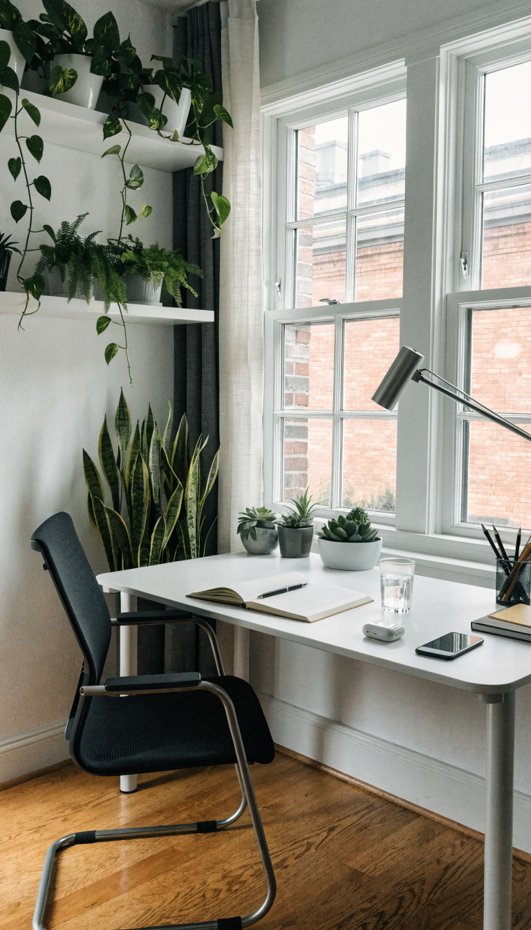 A bright, well-lit small home office workspace featuring a sleek white desk against a wall with floating shelves above, showcasing various space-efficient plants including trailing pothos vines cascading down from the top shelf, a tall snake plant in a minimalist pot standing vertically in the corner, and small succulent arrangements on the desk surface, all bathed in natural window light creating a fresh, airy atmosphere with clean Scandinavian-style decor, modern desk accessories, and a ergonomic chair partially visible, photographed from a three-quarter angle to show depth and the compact yet inviting nature of the workspace