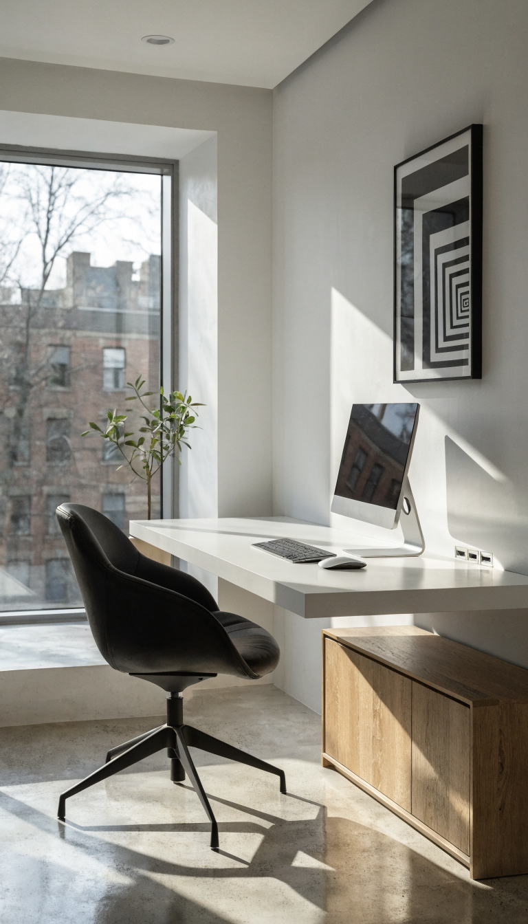 A modern minimalist small office interior with a sleek floating white desk mounted on a light gray wall, featuring integrated cable management ports, a single monitor setup with wireless keyboard and mouse, a contemporary ergonomic chair, a low-profile credenza cabinet in light wood that conceals office equipment, abundant natural light from a window, clean white walls with one piece of abstract art, polished concrete or light hardwood flooring, minimal decor with a single small potted plant, and plenty of open breathing space creating an airy, uncluttered atmosphere, professional interior photography, sharp focus, realistic lighting