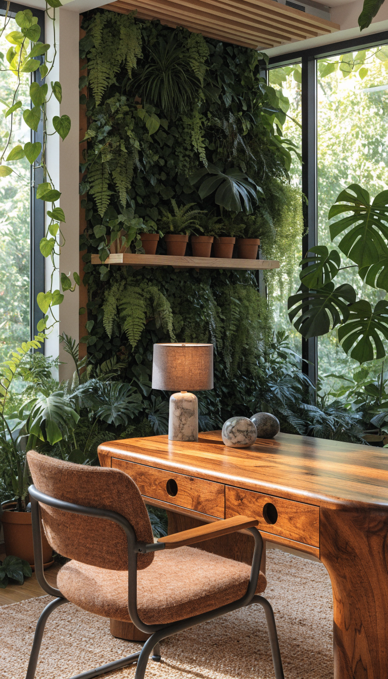 A modern small office interior showcasing biophilic design with abundant greenery, featuring a sleek wooden desk surrounded by various potted plants including trailing pothos, monstera, and ferns, floor-to-ceiling windows with natural light streaming in, organic wood textures on furniture and shelving, a living plant wall as a backdrop, natural fiber rug, and ergonomic office chair, creating a fresh garden pavilion atmosphere within a compact workspace, shot in bright natural lighting with a professional architectural photography style