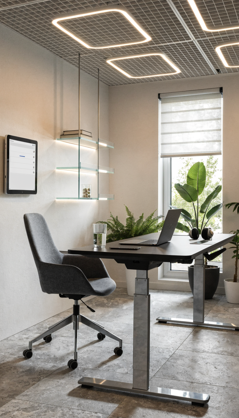 A modern small office interior showcasing smart technology integration, featuring a sleek adjustable standing desk with a wireless charging pad and cable management system, automated LED lighting panels on the ceiling that emit a warm adaptive glow, a wall-mounted tablet control panel, minimalist floating shelves with subtle LED strips, all cables neatly concealed in designer cable management channels, large window with automated smart blinds, ergonomic office chair, potted plants, clean white and gray color scheme with metallic accents, professional photography with natural lighting, ultra-sharp detail, contemporary minimalist aesthetic