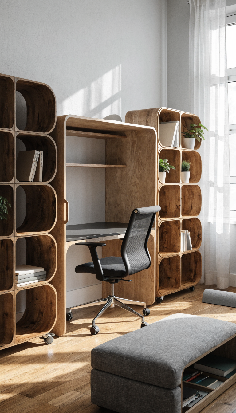 A modern small home office with transformable multifunctional furniture, featuring a sleek murphy desk folded halfway against a light gray wall, wheeled modular shelving units in warm wood tones positioned at different angles, a stylish ottoman with visible storage compartment open to reveal organized supplies, and a yoga mat partially rolled out in the corner, shot in bright natural daylight streaming through a window, professional interior photography, clean and organized aesthetic with neutral colors and pops of green from small plants, realistic depth of field, high-resolution architectural photograph