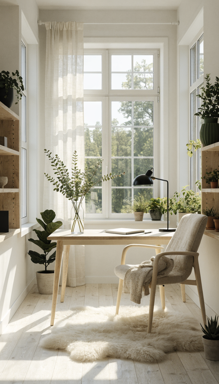 A bright, airy Scandinavian-style small office interior featuring clean lines and minimalist design, with white walls and light gray accents, a simple desk made of pale ash or birch wood with thin tapered legs, a comfortable ergonomic chair in natural linen fabric, open wooden shelving displaying carefully curated items and greenery, large windows allowing abundant natural light, light wood flooring, a cozy sheepskin rug underneath the workspace, small potted plants including a fiddle leaf fig, black metal desk lamp and minimal black hardware accents for contrast, a soft knit throw blanket draped over the chair, warm and inviting atmosphere with hygge ambiance, professional photography, natural lighting, realistic textures, ultra-detailed, 8k quality