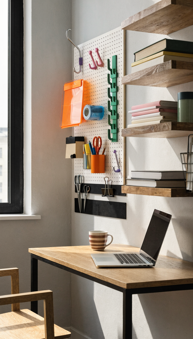 A clean, modern small office workspace showcasing vertical wall-mounted storage solutions including a white pegboard with colorful customizable hooks holding office supplies, three floating wooden shelves at different depths displaying organized books and files, a sleek magnetic strip mounted below holding scissors and metal tools, and wall-mounted wire file holders containing documents, all arranged on a light gray wall above a minimalist desk with a laptop, photographed from a slightly angled perspective in bright natural lighting with a shallow depth of field
