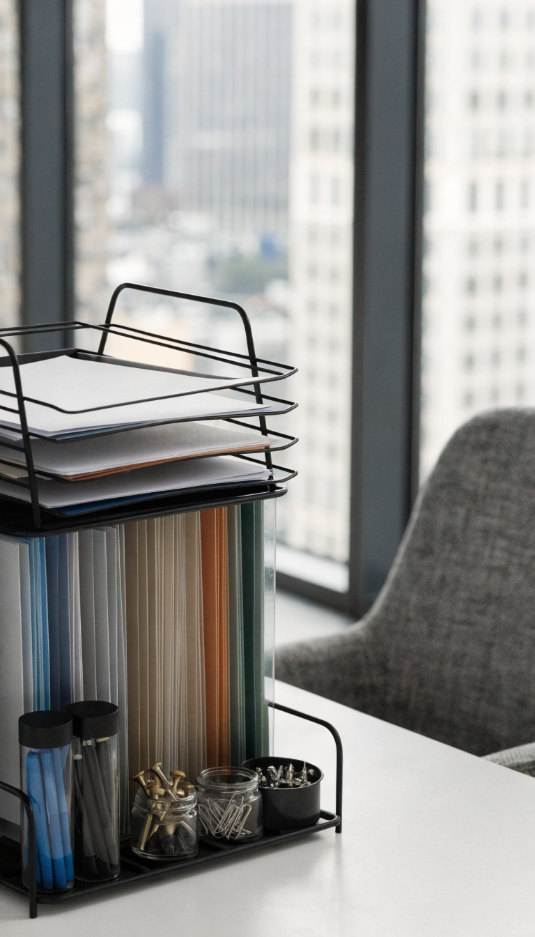 A modern office desk with a sleek multi-tiered desktop organizer system stacking upward, featuring black metal wire letter trays arranged in three levels holding neatly sorted papers, vertical file sorters with labeled folders standing upright, and small compartments containing pens and office supplies, all positioned on a clean white desk surface with soft natural window lighting, professional workspace environment, minimalist aesthetic, shallow depth of field, high-quality photography