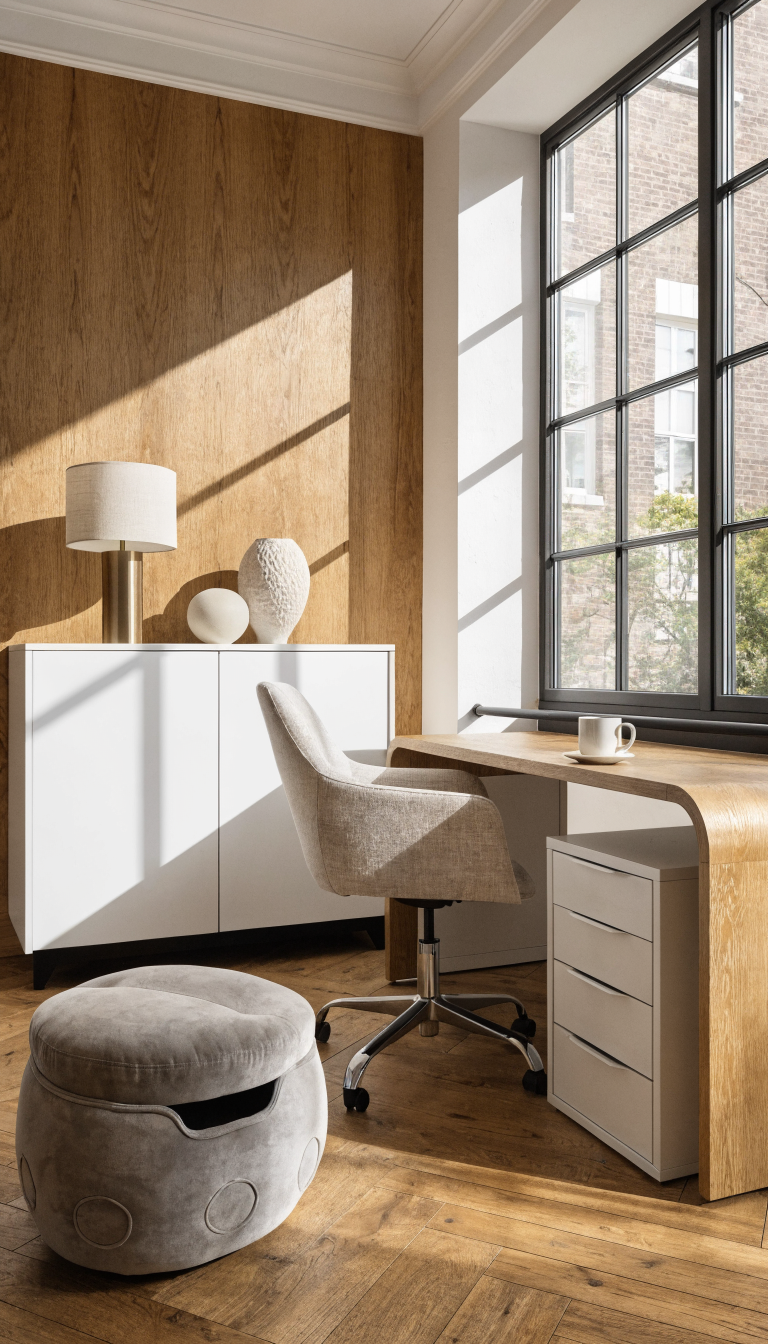 A modern small home office with sleek closed storage solutions, featuring a white credenza with closed cabinet doors against the wall, a compact filing cabinet tucked under a minimalist desk, and a stylish storage ottoman in the corner, all in a clean neutral color palette with natural wood tones, bright natural lighting from a window, organized and clutter-free workspace with a calming professional atmosphere, shot in a bright contemporary interior photography style