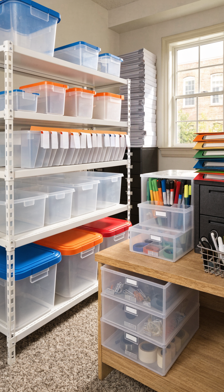 A well-organized small office storage system featuring clear plastic bins, file folders, and drawer organizers with visible label tags attached to each item, shown in a bright modern office setting with natural lighting, professional photograph showcasing various labeled storage solutions including shelf-mounted boxes, desktop organizers, and neatly arranged filing systems with small rectangular labels on each container, realistic office clutter-free environment, sharp focus, high-quality professional photography