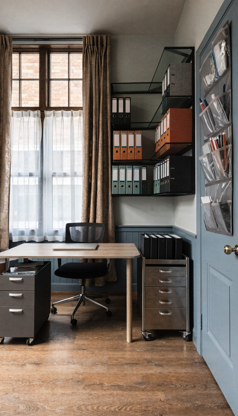 A professional small office workspace photographed from a front-facing angle showing clever dead space utilization, featuring a sleek rolling storage cart tucked into a narrow gap between a modern desk and wall, under-desk wheeled drawer units storing office supplies beneath the workspace, a corner shelving unit fitting snugly in an awkward angled corner filled with organized folders and boxes, and an over-door organizer visible on the office door holding various supplies, all in a clean contemporary office setting with natural lighting, realistic photo quality, organized and clutter-free aesthetic