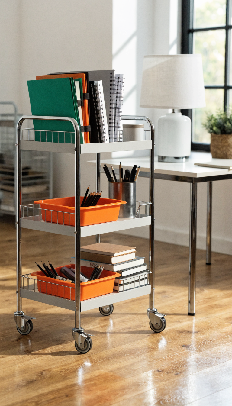 A modern small home office featuring a sleek three-tier rolling storage cart as the focal point, positioned beside a compact desk against a white wall. The metal cart has wheels and contains organized office supplies including folders, notebooks, and desk accessories on each tier. The cart is shown in a light color with chrome accents, demonstrating its mobility and space-saving functionality. Natural lighting from a nearby window illuminates the organized workspace, with minimalist decor and a few other subtle storage solutions visible in the background. Professional photography style with shallow depth of field focusing on the rolling cart, bright and airy atmosphere, contemporary office aesthetic.