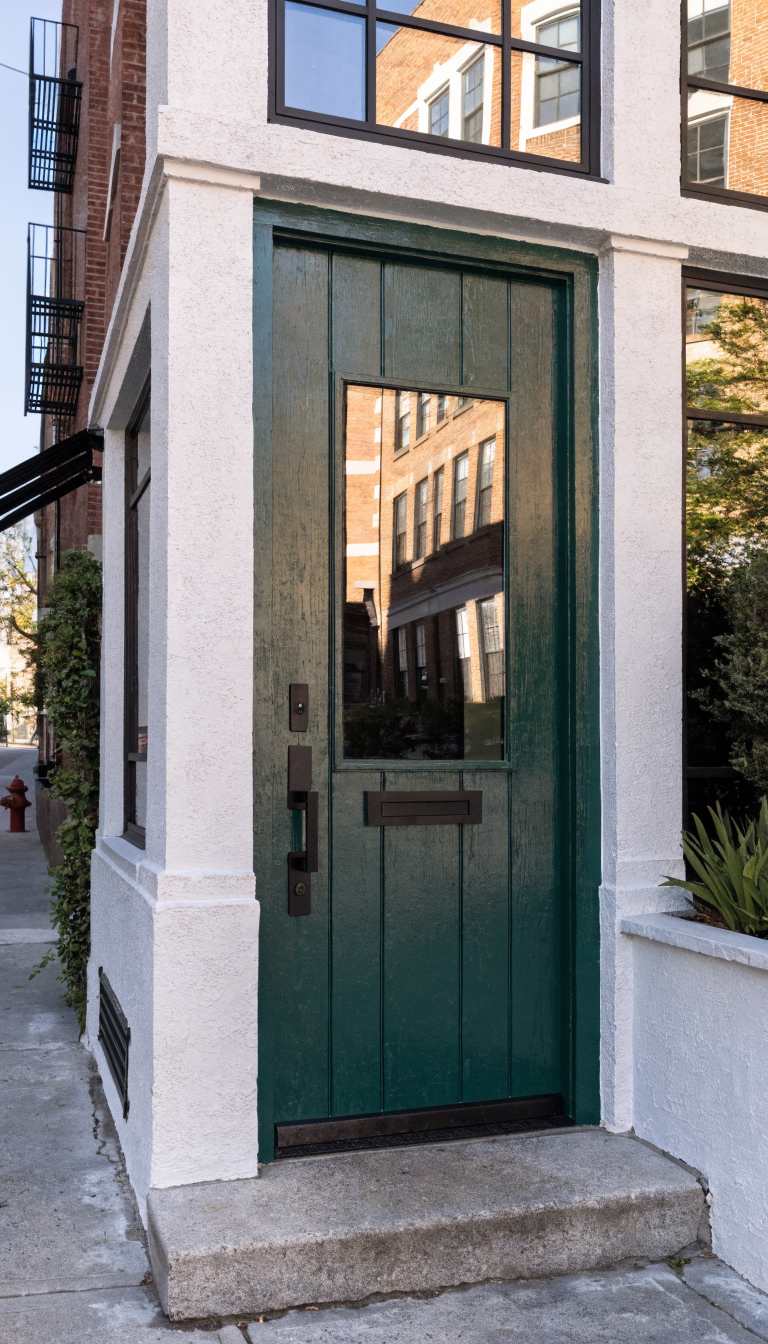 A modern small office building exterior featuring a stunning statement entrance door in deep forest green with sleek matte black contemporary door handles and hardware, flanked by clean white or light gray walls, professional architectural photography shot during daytime with natural lighting highlighting the bold door as the focal point, minimalist landscaping visible, sharp details showing the door's premium finish and sophisticated hardware fixtures, shot from straight-on perspective at eye level to emphasize the door's impact as the centerpiece of the facade
