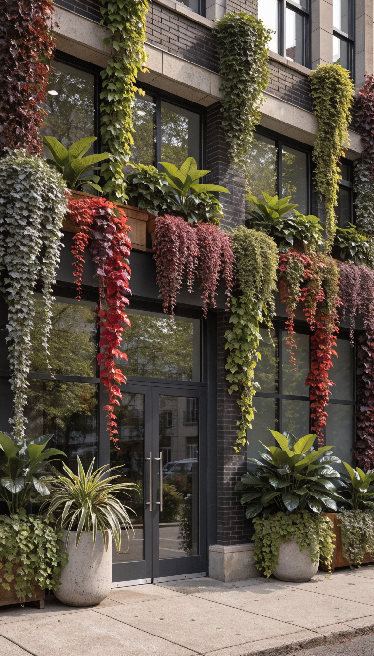 A modern small office building facade featuring abundant layered greenery creating an urban jungle effect, with colorful cascading vines flowing from window boxes on street-facing windows, wall-mounted planters adding dimension to flat surfaces, and large potted plants flanking the entrance doorway, professional architectural photography, natural daylight, approachable and fresh aesthetic with strategic plants softening hard architectural lines, realistic contemporary business exterior