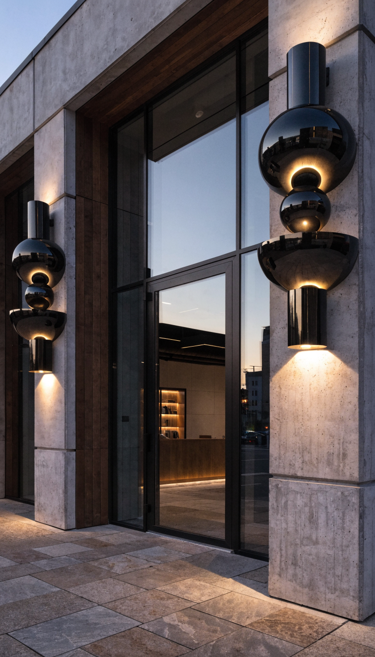 A small modern office building facade photographed at dusk, featuring two oversized geometric black metal wall sconces flanking a contemporary glass entrance door, the dramatic lighting fixtures casting warm ambient light that highlights the building's clean architectural lines, sleek concrete and wood paneling exterior, professional commercial photography, golden hour lighting transitioning to evening, sharp focus on the statement light fixtures, architectural digest style, high-end real estate photography quality