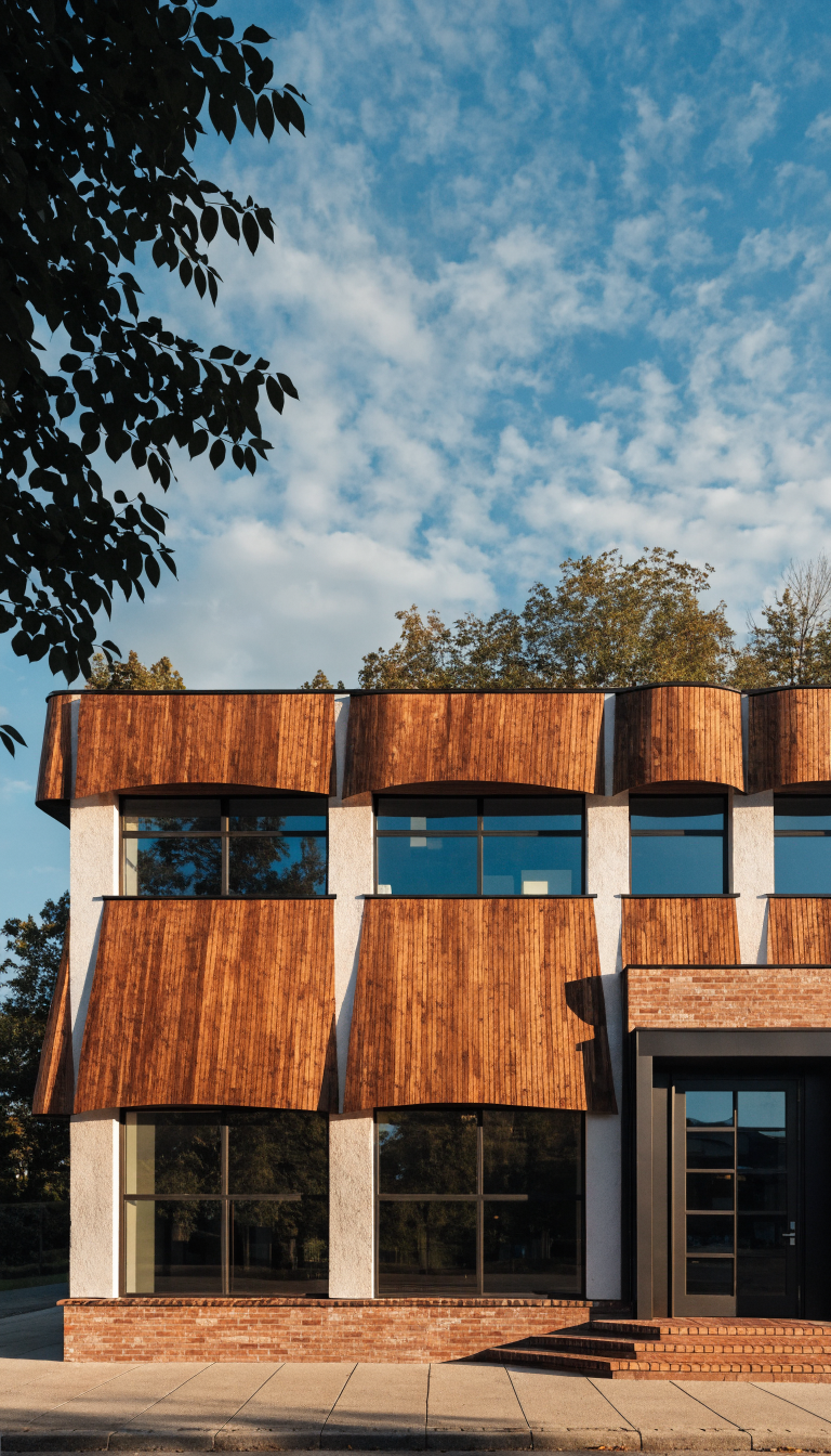 A professional photograph of a modern small office building facade showcasing material mixing with warm wood slats contrasted against smooth white stucco walls and dark metal accents around the entrance door frame, featuring horizontal bands of different textures including exposed brick elements, shot during golden hour with natural lighting highlighting the depth and dimensional quality of the various materials, architectural photography style with sharp details showing the textural contrasts between rough and smooth surfaces, contemporary commercial building exterior, clean composition emphasizing the sophisticated interplay of wood, metal, and masonry materials.