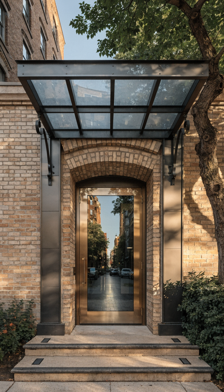 A professional small office building entrance featuring elegant architectural details, with a sophisticated metal and glass awning overhead supported by decorative brackets, flanked by two slender modern pilasters on each side of a sleek commercial door, creating a framed focal point, warm ambient lighting highlighting the entrance details, boutique-quality design with clean lines, contemporary materials mixed with classic architectural elements, welcoming yet refined atmosphere, shot from a straight-on perspective during golden hour, architectural photography style, ultra-realistic, high resolution