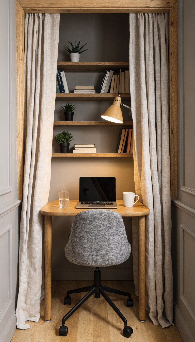 A cozy converted closet office nook with the closet doors removed, featuring a compact desk fitted perfectly into the small space, a comfortable office chair, floating shelves above with books and small plants, warm task lighting mounted on the wall, a laptop on the desk, and soft curtains on either side that can be drawn closed, photographed straight-on to show the depth of the narrow workspace with organized storage solutions and a minimalist aesthetic in neutral tones with natural wood accents