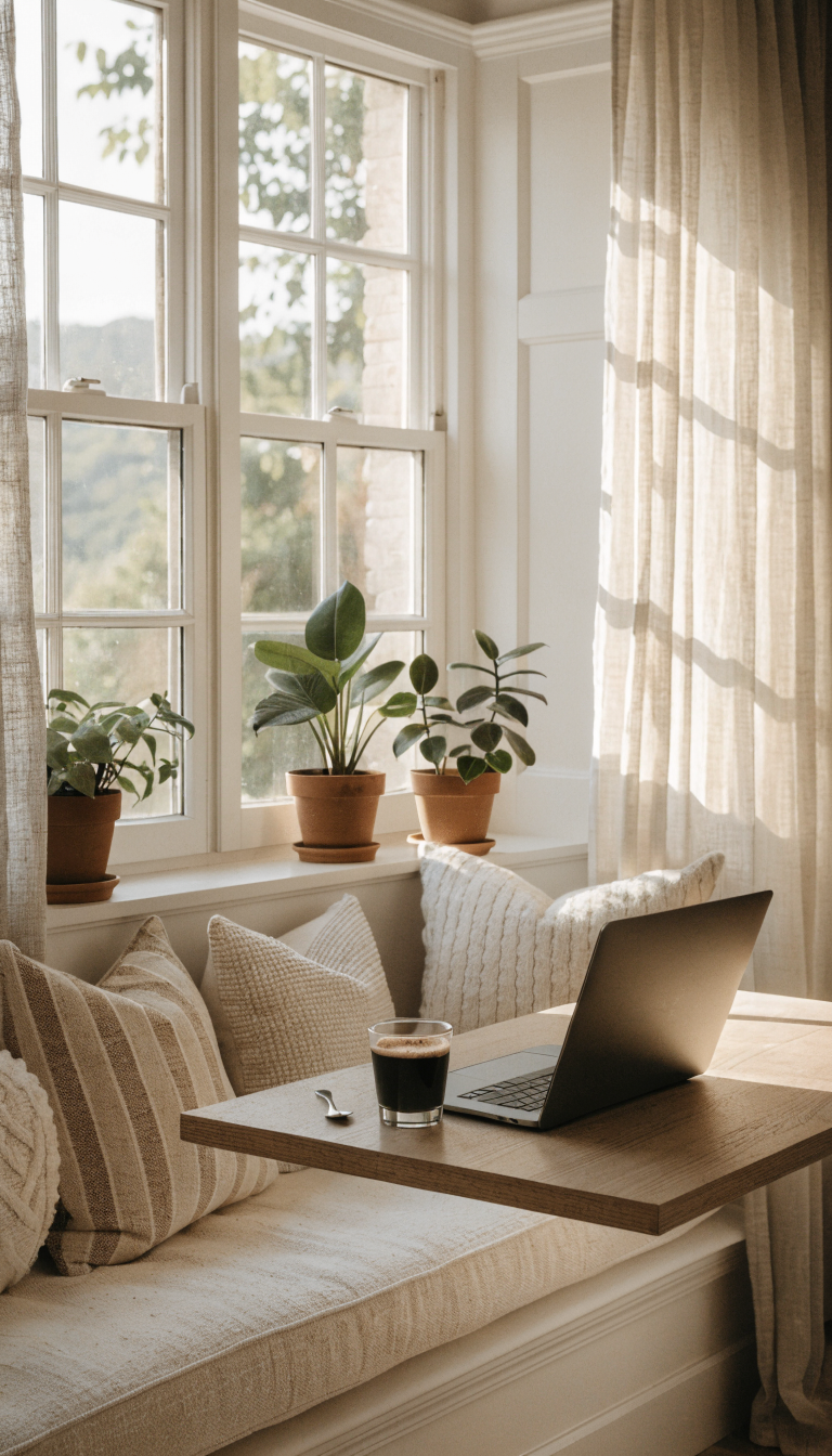 A serene home office nook built into a bright window seat with deep sill, featuring a slim floating desk surface extending from a cushioned bench seat, bathed in soft natural sunlight streaming through large windows, with sheer curtains gently diffused on the sides, a laptop and coffee cup on the minimal desk, cozy throw pillows on the window seat, potted plants on the sill, warm neutral tones and white walls, professional interior photography style, bright and airy atmosphere, realistic home workspace detail, shallow depth of field