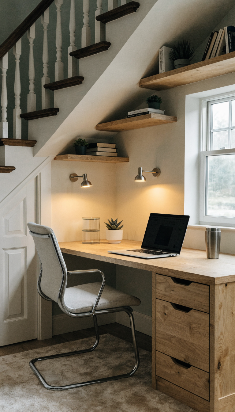 A cozy home office nook built into the triangular space under a staircase, featuring a custom-fitted light wood desk that follows the slanted angle of the stairs above, a comfortable ergonomic chair, warm task lighting mounted on the slanted wall, floating shelves fitted along the angled ceiling displaying books and small plants, a laptop on the desk, soft area rug underneath, painted walls in a calming sage green or warm white, the unique angular architecture creating an intimate workspace, natural light from nearby window, modern minimalist decor with small potted succulent and desk organizers, photographed from an angle that shows both the clever use of the awkward triangular space and the inviting, productive atmosphere, professional interior design photography, high resolution, realistic lighting