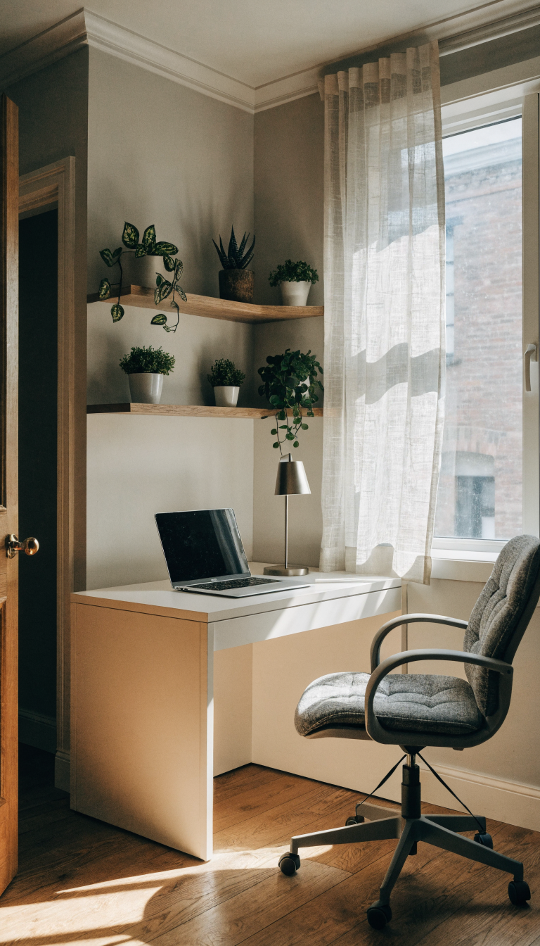 A stunning corner office nook workspace featuring an L-shaped white desk perfectly fitted into a room corner, with a modern ergonomic chair, floating corner shelves above displaying small plants and minimal decor, warm natural lighting from a nearby window, soft neutral color palette with touches of greenery, organized desk surface with a sleek laptop and desk lamp, demonstrating efficient use of previously unused corner space in a small contemporary home setting, professional photography style with shallow depth of field