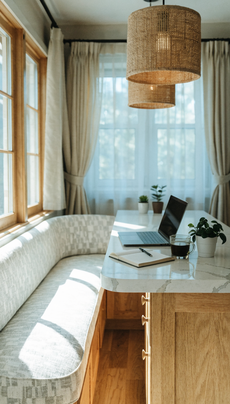 A bright, inviting kitchen breakfast nook transformed into a home office workspace, featuring a built-in bench with a supportive cushion along a window, a laptop and notebook on the counter surface, a steaming coffee mug nearby, natural sunlight streaming through the window, white or light-colored cabinetry, pendant lighting above, small potted plants on the counter, warm wood tones, cozy and functional atmosphere, shot from a slightly elevated angle showing the compact but efficient workspace setup, professional interior photography style, shallow depth of field