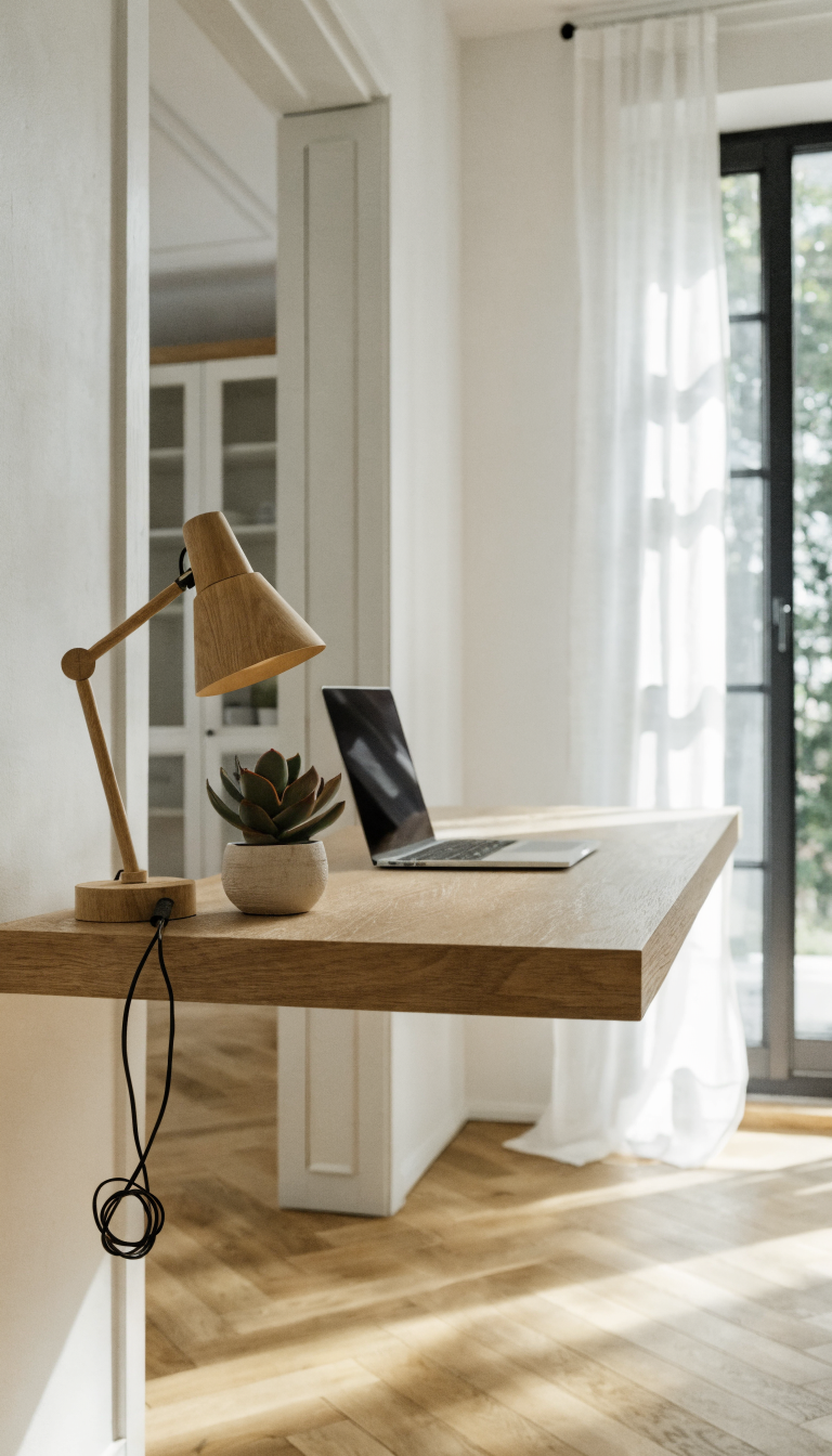 A modern minimalist home office setup featuring a sleek wall-mounted floating desk in light oak wood attached to a white wall, with the space underneath completely clear and open, showcasing a laptop, small potted succulent, and desk lamp on the surface, natural light streaming in from the side, contemporary Scandinavian-style interior design, photographed from a three-quarter angle to emphasize the floating effect and open floor space beneath, clean and airy atmosphere, professional interior photography, shallow depth of field