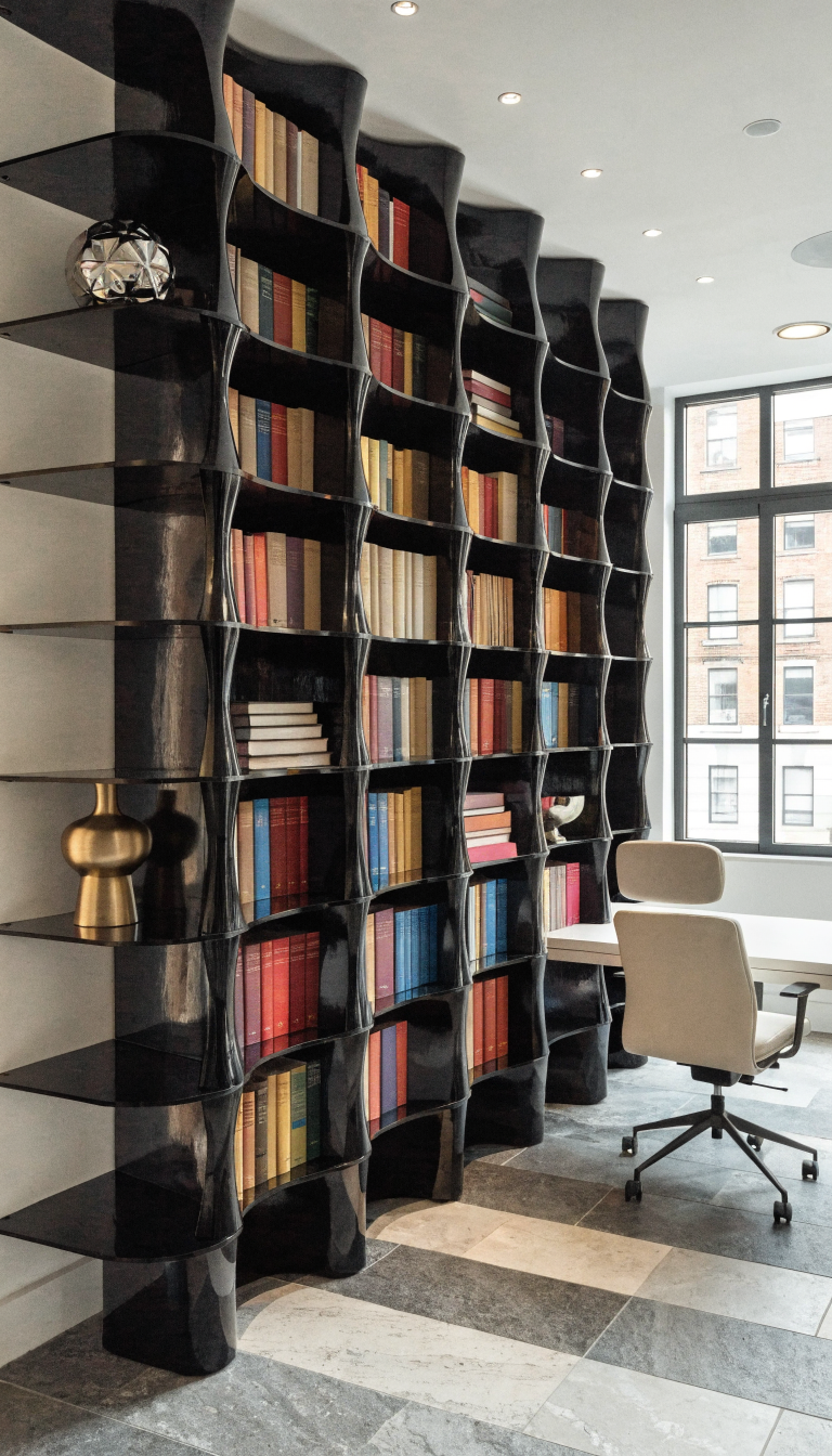 A modern small office interior with a single dramatic floor-to-ceiling bookshelf as the focal point, filled with colorful books and decorative objects, taking up one entire wall in an otherwise minimalist white workspace with a simple desk and chair, natural lighting streaming through a window, clean lines, professional photography, high-end interior design aesthetic, shallow depth of field emphasizing the statement bookshelf